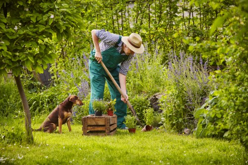 Technician inspecting lawn edge for mowing issues