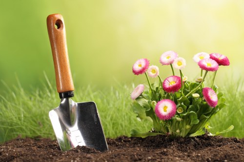 A close-up view of a small garden scene in a front or back yard, where a wooden-handled garden trowel is partially embedded into dark, well-tilled soil. To the right of the trowel, there is a vibrant cluster of pink and white daisies with rounded petals and green foliage, creating a colorful contrast against the earthy soil. The background features a softly blurred green lawn or grassy area, suggesting a well-maintained outdoor space typical of residential gardens in Edmonton. The lighting indicates a bright, sunny day with natural sunlight illuminating the plants and soil, emphasizing the textures of the soil, the smooth finish of the garden tool, and the delicate petals of the flowers. This scene reflects regular garden maintenance or planting activity, aligning with professional gardening services provided by Lawn Mowing Edmonton, especially within the local context of Edmonton's outdoor environments and gardening needs.